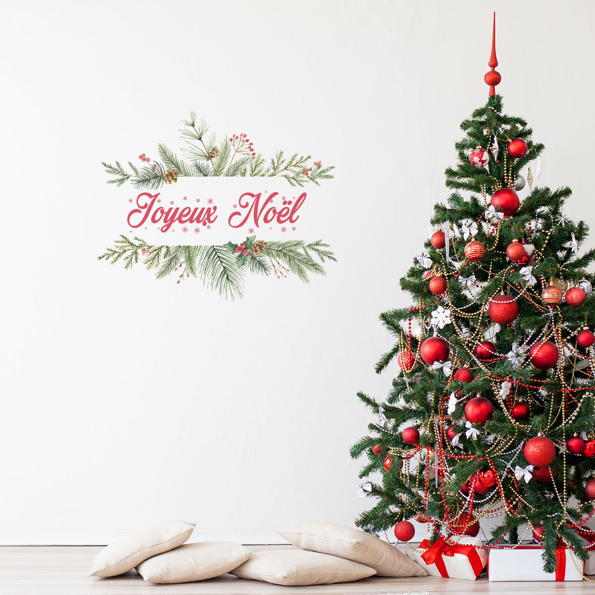 Sticker Noël Joyeux Noël branches de sapin - Autocollants stickers adhésifs noël - décoration fêtes