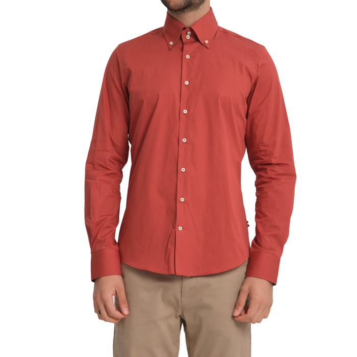 Camicia Uomo 2 Bottoni Button Down Slim Popeline Stretch Unito Rosso Mattone