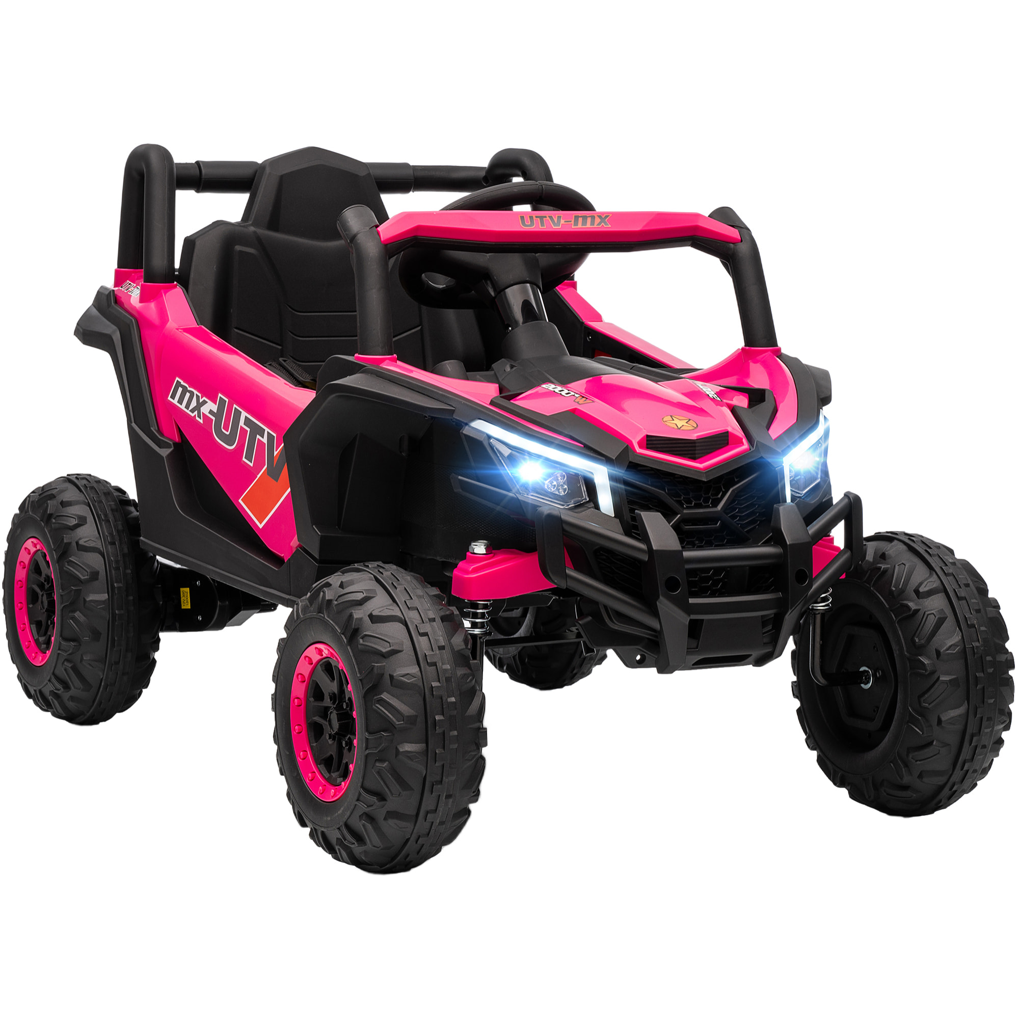 Coche Eléctrico para Niños 12V, Coche de Batería UTV con 2 Motores, Control Remoto 2,4G, Velocidad hasta 7 km/h, Sistema de Suspensión, Faros, USB, para Niños de +3 Años, Rosa