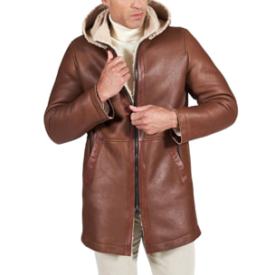 Cappotto montone cuoio Shearling uomo cappuccio staccabile