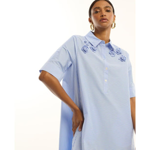 Abito corto in popeline con fiori ricamati e righe