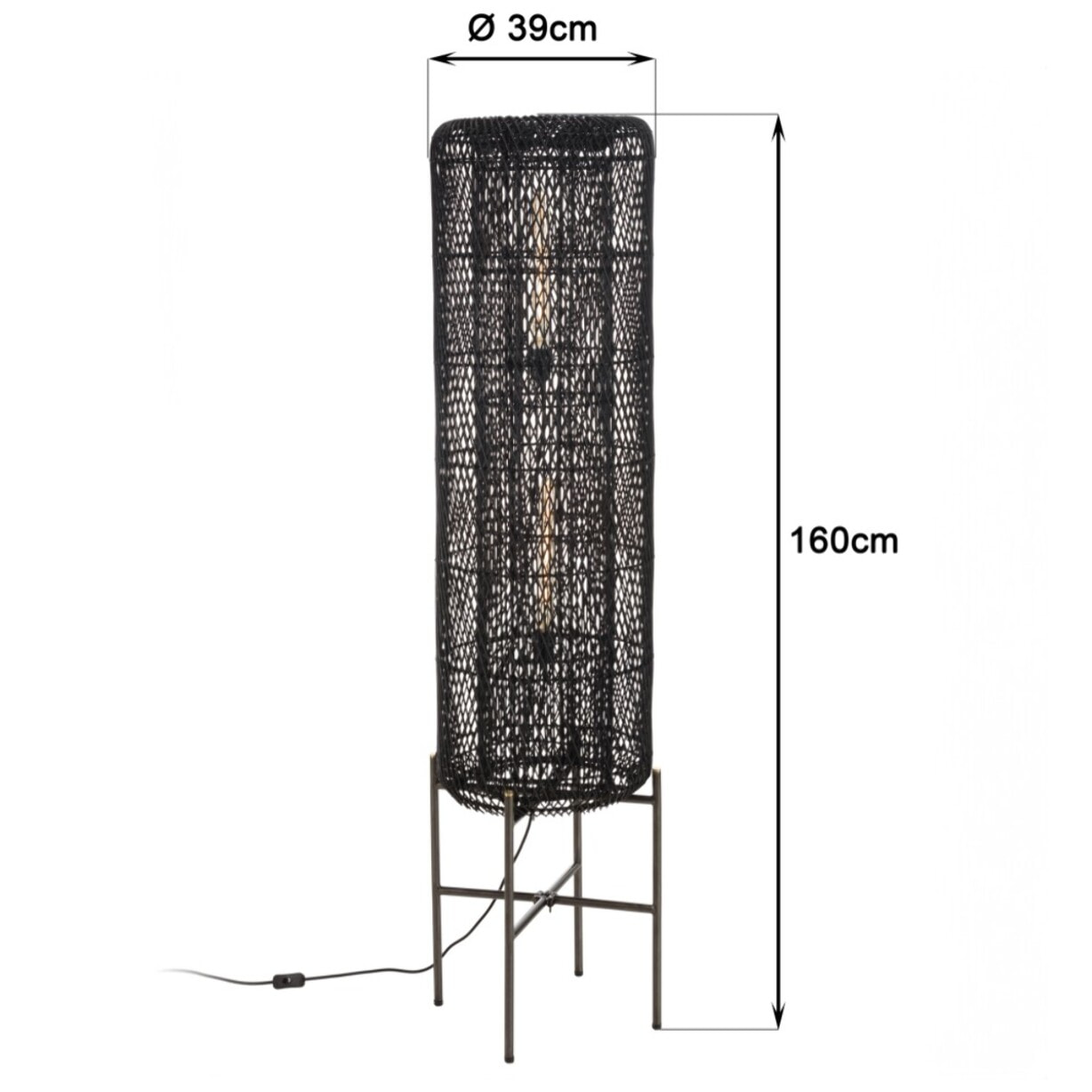 SIXTINE - Lampadaire 39x39cm rotin couleur noire pieds acier