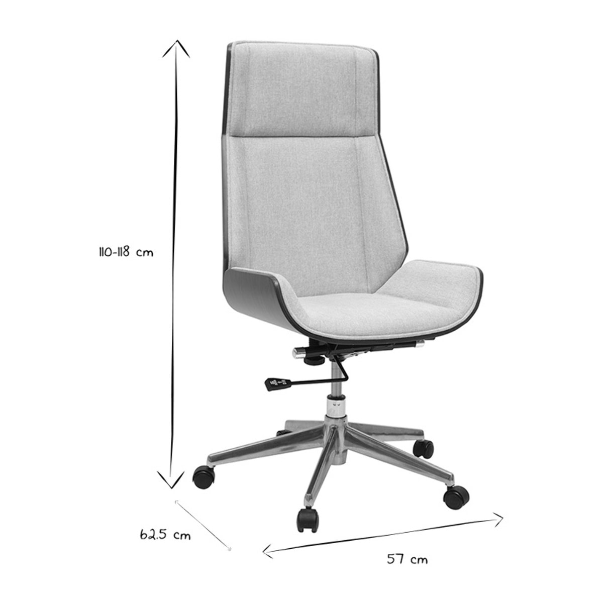 Fauteuil de bureau de direction design en tissu effet velours texturé beige, bois foncé et acier chromé CURVED