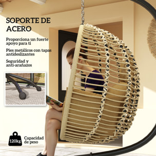 Silla Colgante Huevo con Soporte Columpio de Jardín Exterior con Cesta Plegable Reposacabezas Cojín Bolsillo Lateral Columpio Colgante para Interior y Exterior Carga 120 kg Beige