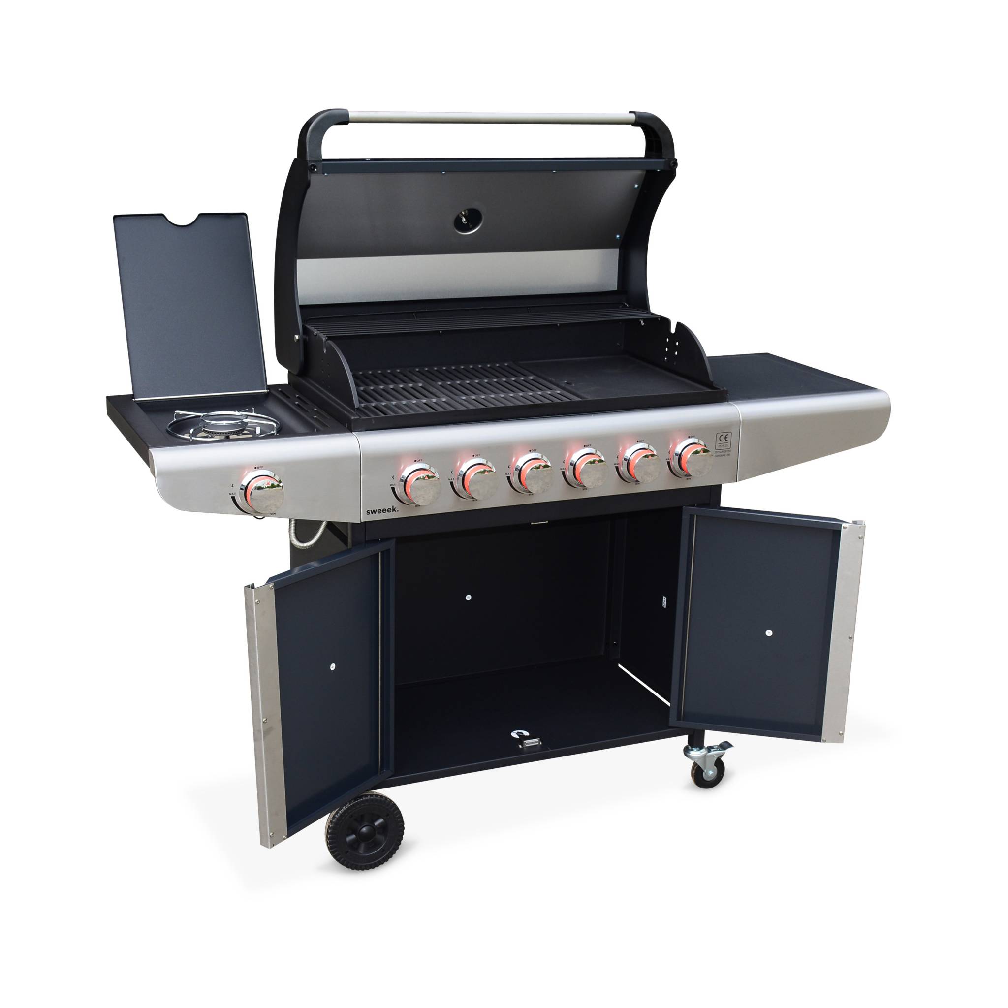 Barbecue au gaz - Bazin 6 Gris anthracite -  Cuisine extérieure 6 brûleurs dont 1 feu latéral avec tablettes et thermomètre. rangement. roues