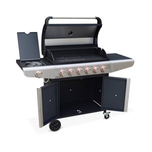 Barbecue au gaz - Bazin 6 Gris anthracite -  Cuisine extérieure 6 brûleurs dont 1 feu latéral avec tablettes et thermomètre. rangement. roues