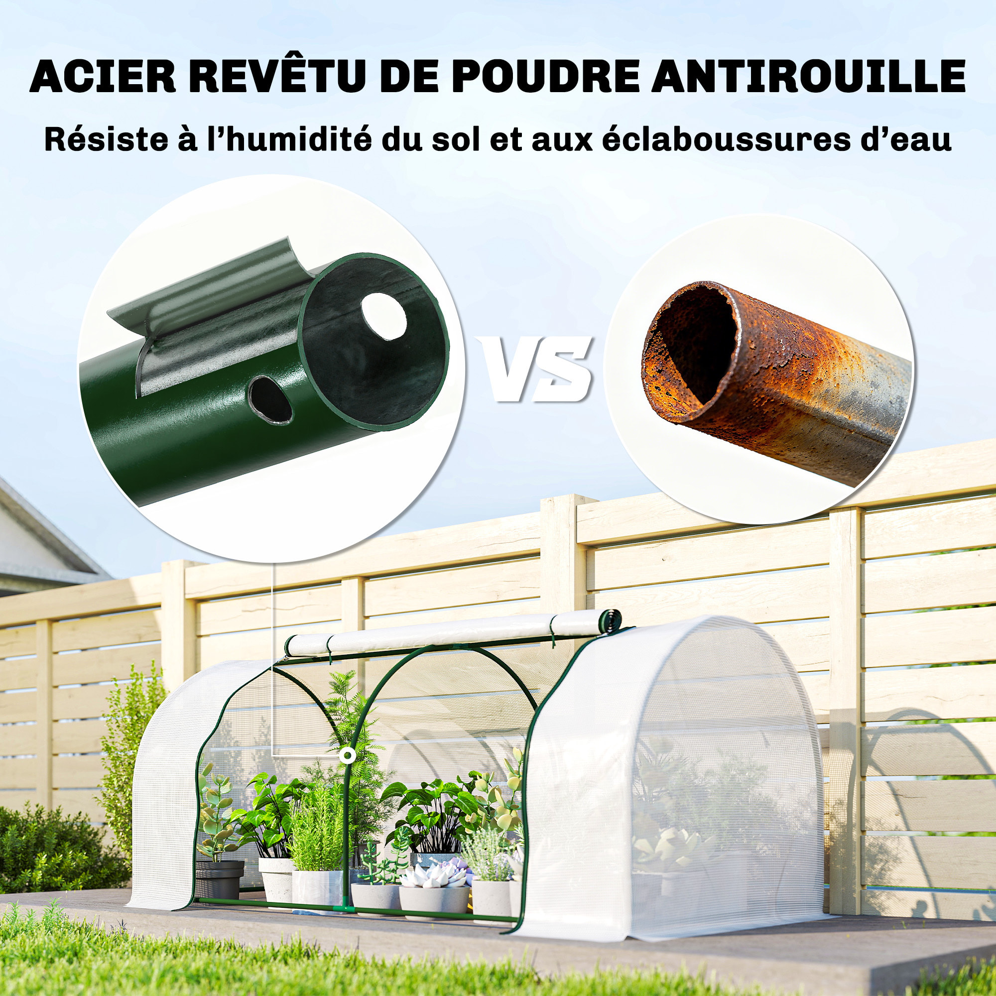 Serre tunnel porte zippée enroulable bâche imperméable acier blanc