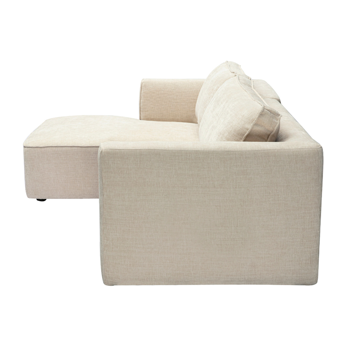 Canapé d'angle gauche design en tissu effet velours texturé beige 3 places GRAMMY