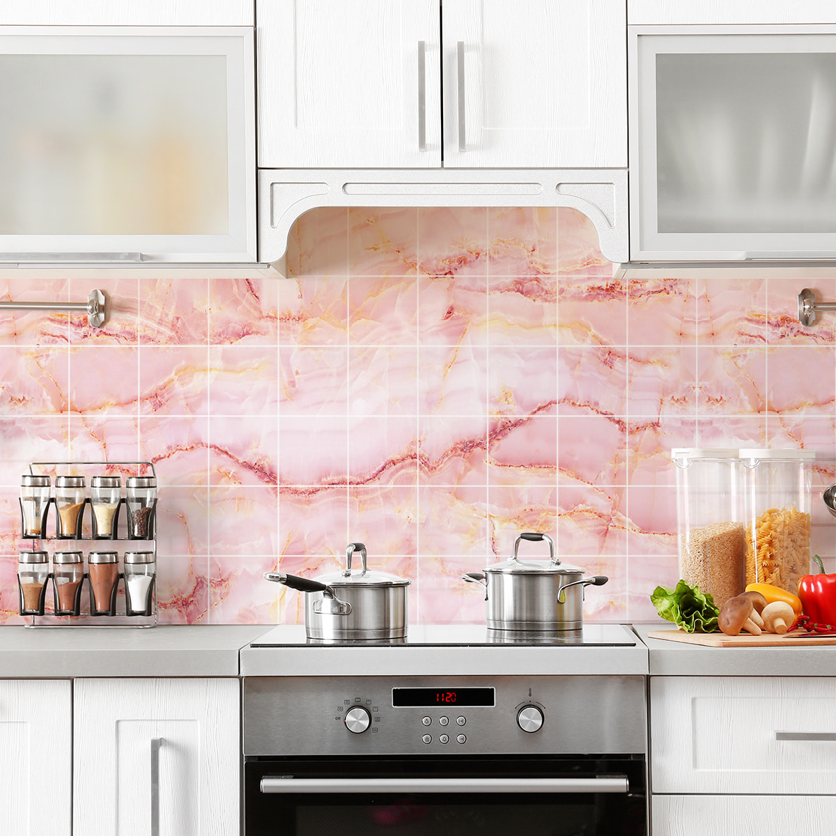 Stickers muraux - Sticker Mural Carrelage adhésif Cuisine Salle de Bain - 60 STICKERS CARRELAGES MARBRE ROSE DE LAS TERRENAS