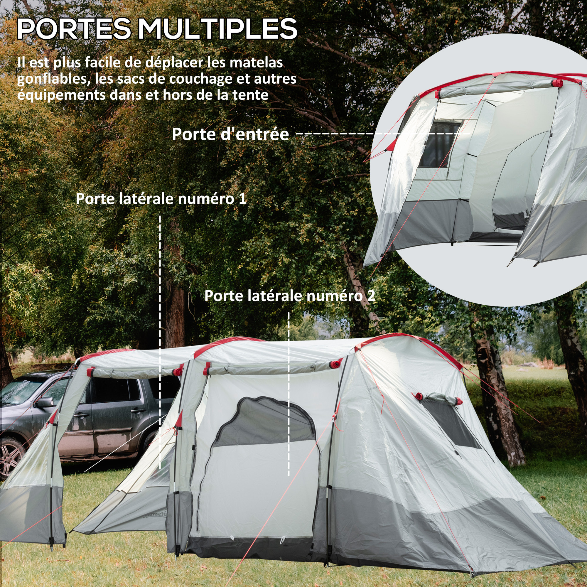 Tente de camping familiale 6-8 personnes - portes, fenêtres, sac de transport - dim. 5,1 x 2,4 x 1,8 cm - gris clair