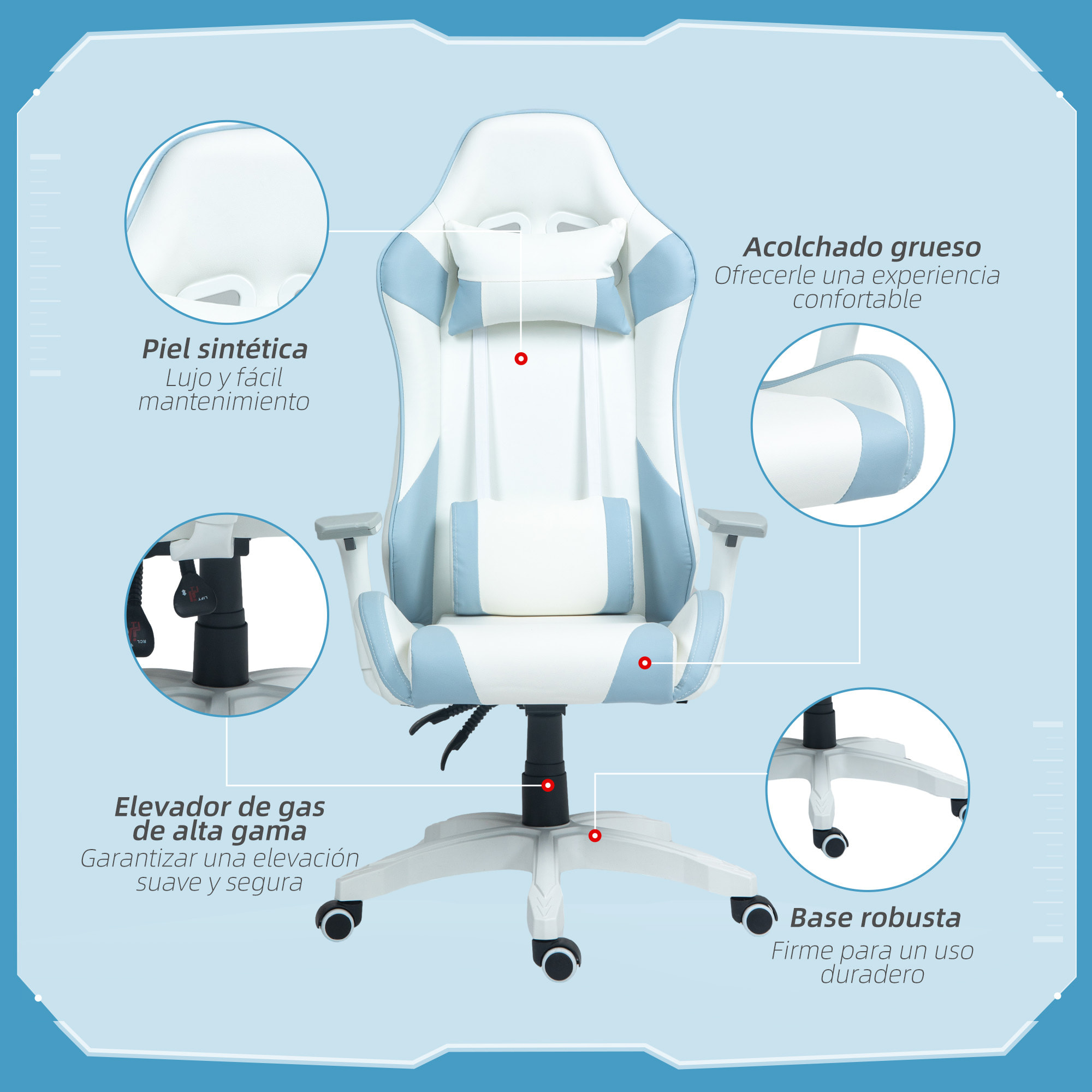 Silla Gaming Reclinable Silla Gamer Giratoria Silla de Oficina Basculante con Cojín Lumbar Reposabrazos 3D Reposacabezas Extraíble y Altura Ajustable 67x60x120-128 cm Blanco y Azul