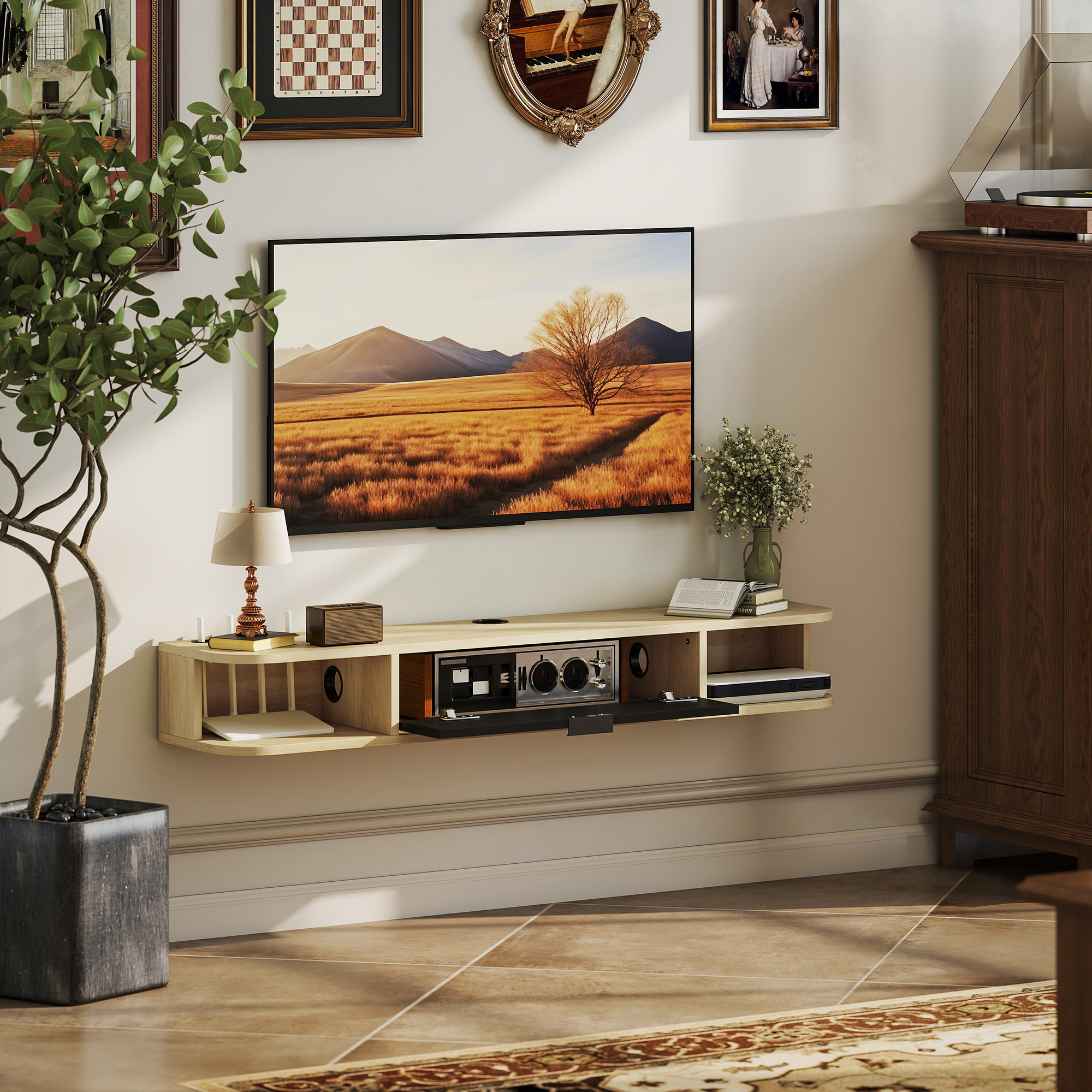 Meuble TV suspendu 120cm - porte, 2 niches, espace routeur, passe-fils - effet bois clair noir