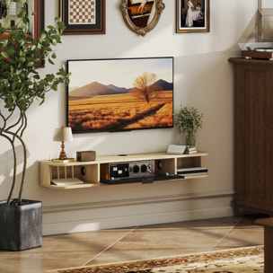 Meuble TV suspendu 120cm - porte, 2 niches, espace routeur, passe-fils - effet bois clair noir