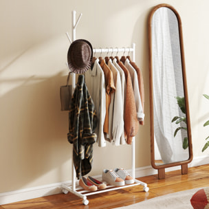 Burro Ropa con Ruedas, Perchero Burro Ropa con 5 Ganchos Barra para Colgar y Balda Inferior Perchero para Recibidor, Entrada, Dormitorio, 68x43x171 cm, Blanco