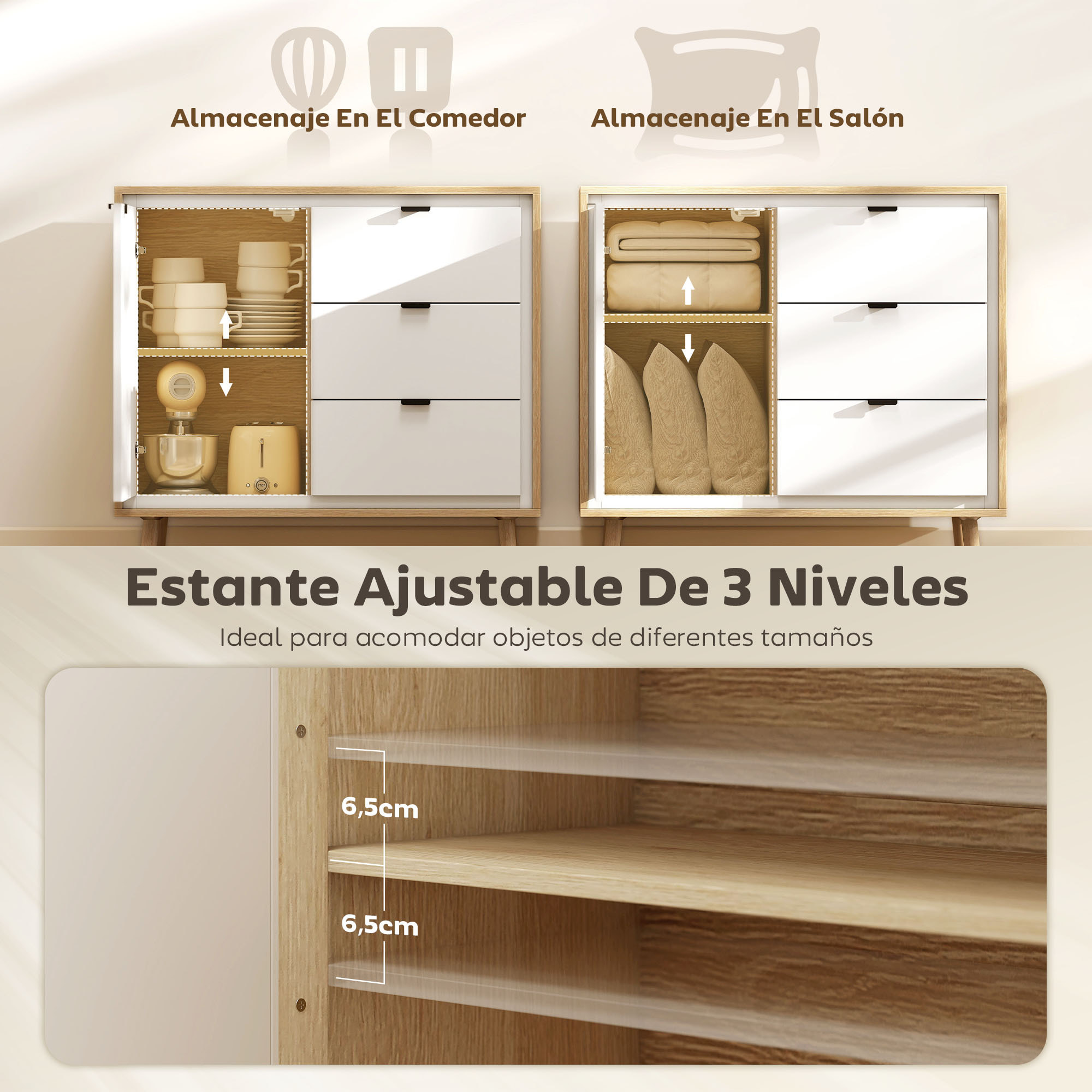 Aparador de 1 Puerta, Aparador de Salón Moderno con 3 Cajones, Estante Ajustable y Patas de Madera, para Cocina, Entrada, Dormitorio, 80x35x77 cm, Blanco Brillo y Roble