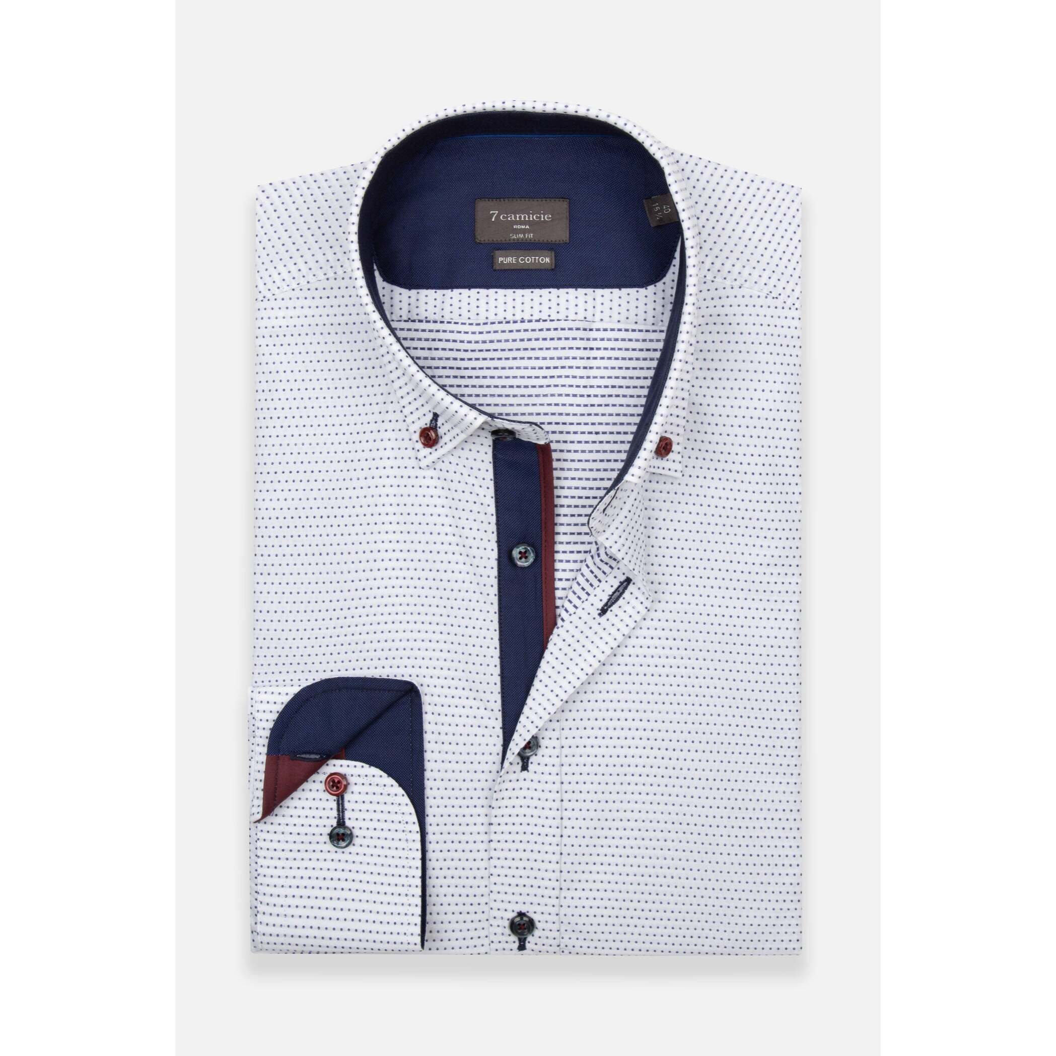 Camicia Uomo Botton Down Slim Jacquard Fantasia Bianco e Blu