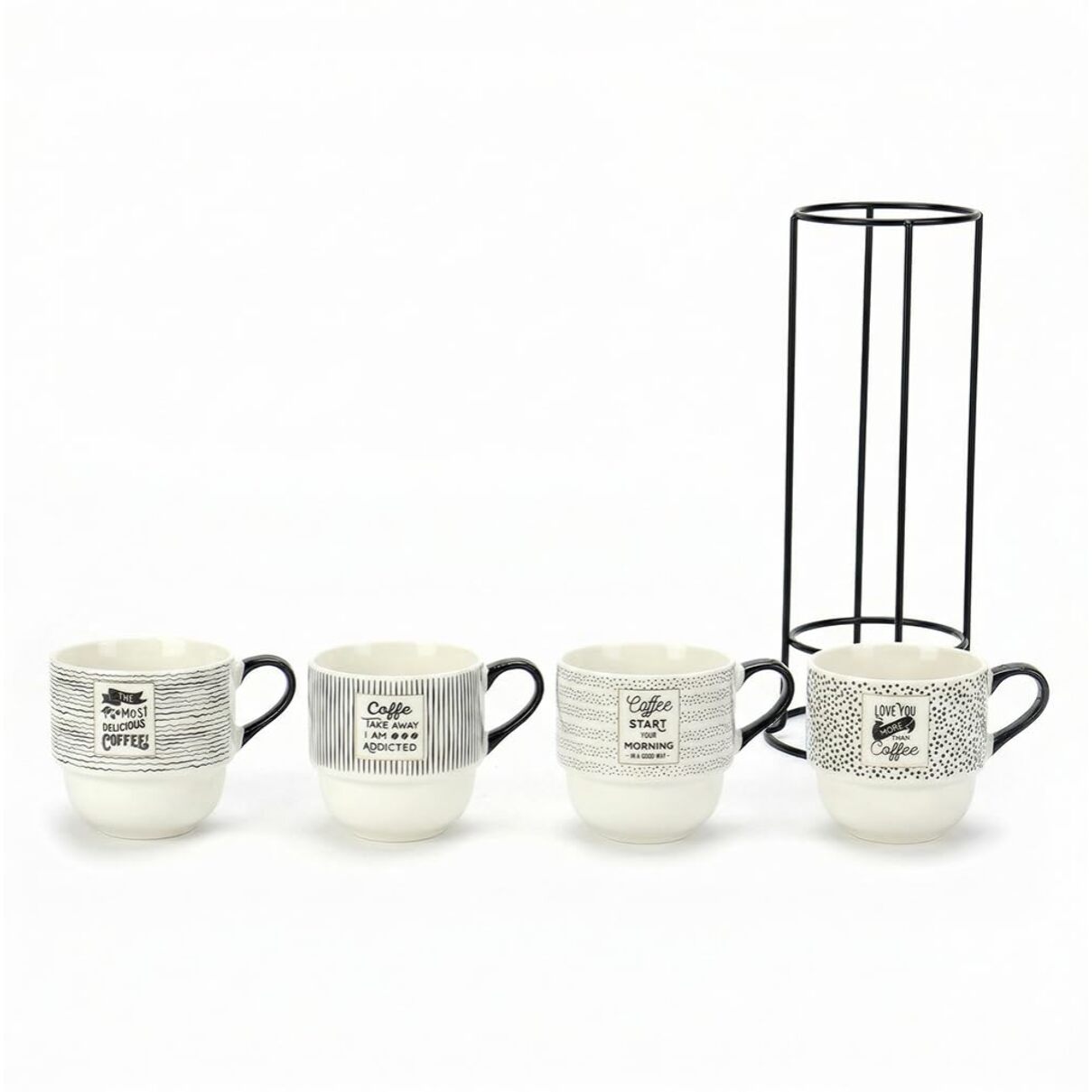 Set 4 Tazze da Caffè con Supporto in metallo, porcellana New Bone China, Manico Ergonomico, Intrecci.