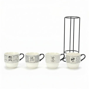 Set 4 Tazze da Caffè con Supporto in metallo, porcellana New Bone China, Manico Ergonomico, Intrecci.
