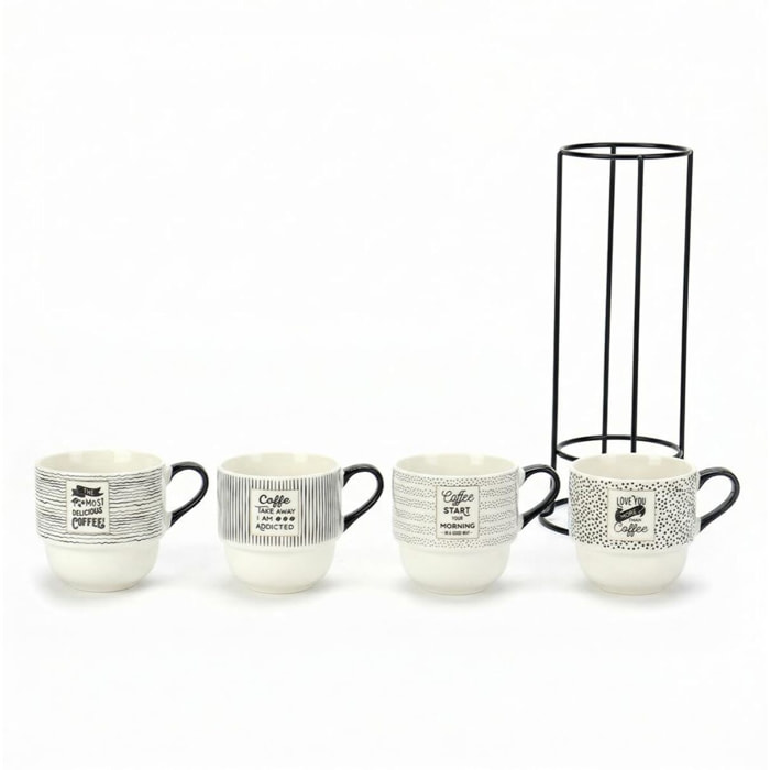 Set 4 Tazze da Caffè con Supporto in metallo, porcellana New Bone China, Manico Ergonomico, Intrecci.
