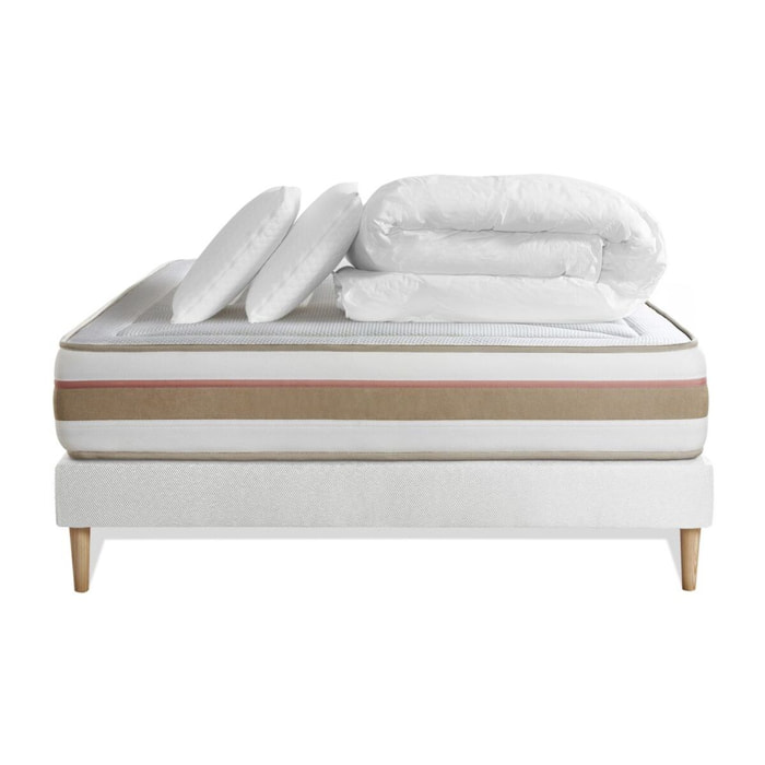Pack Matelas Le Tendre - 28cm - Ressorts ensachés et mémoire de forme - Enveloppant - Sommier kit Blanc - Avec couette et oreillers