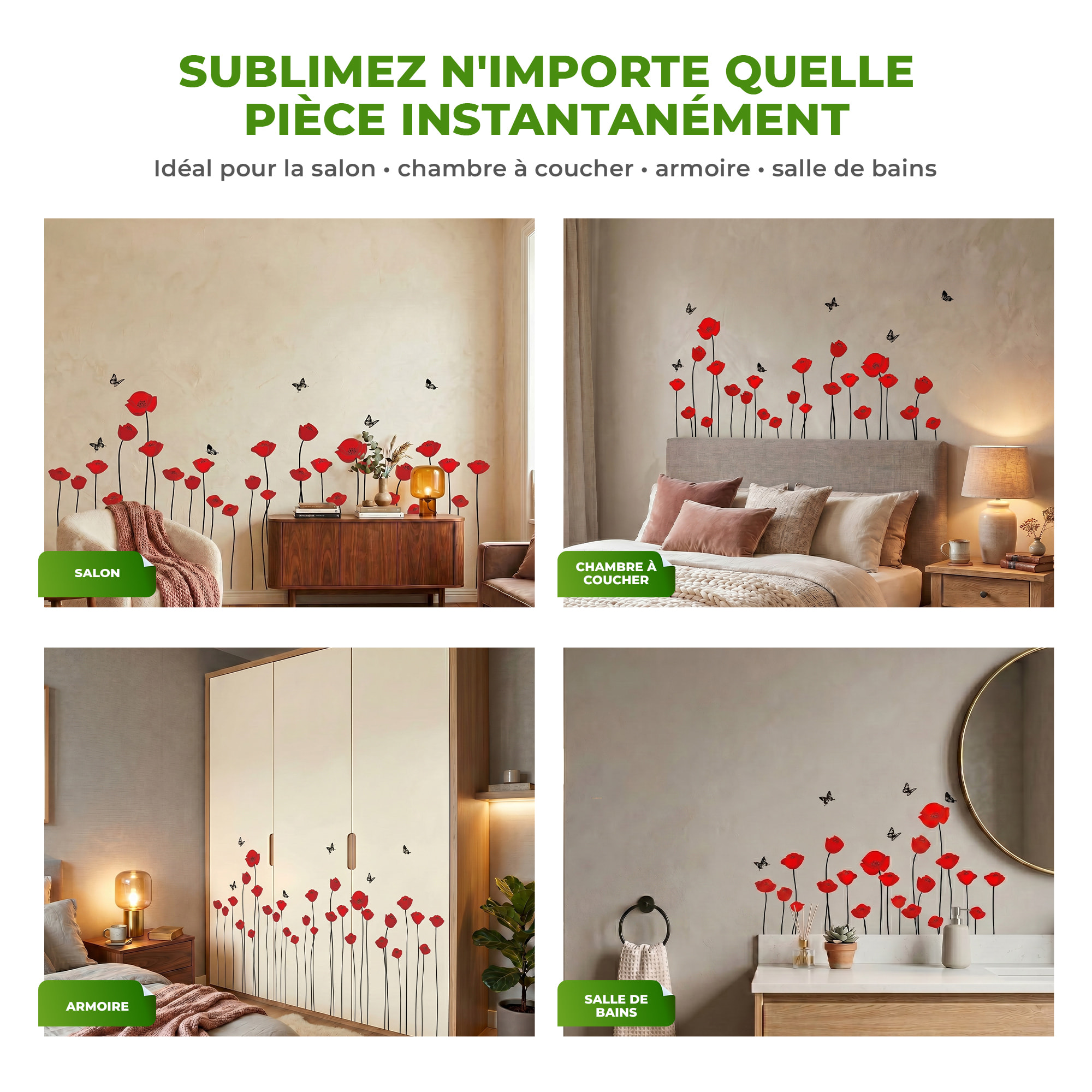 Stickers Muraux décoration adhésifs Fleurs coquelicots rouges