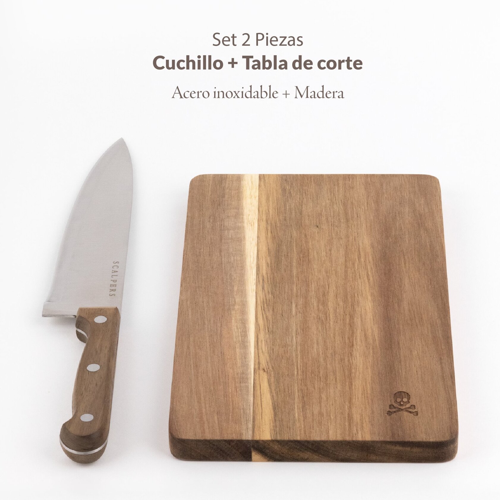 Juego de cuchillo + tabla de cortar de madera scalpers home