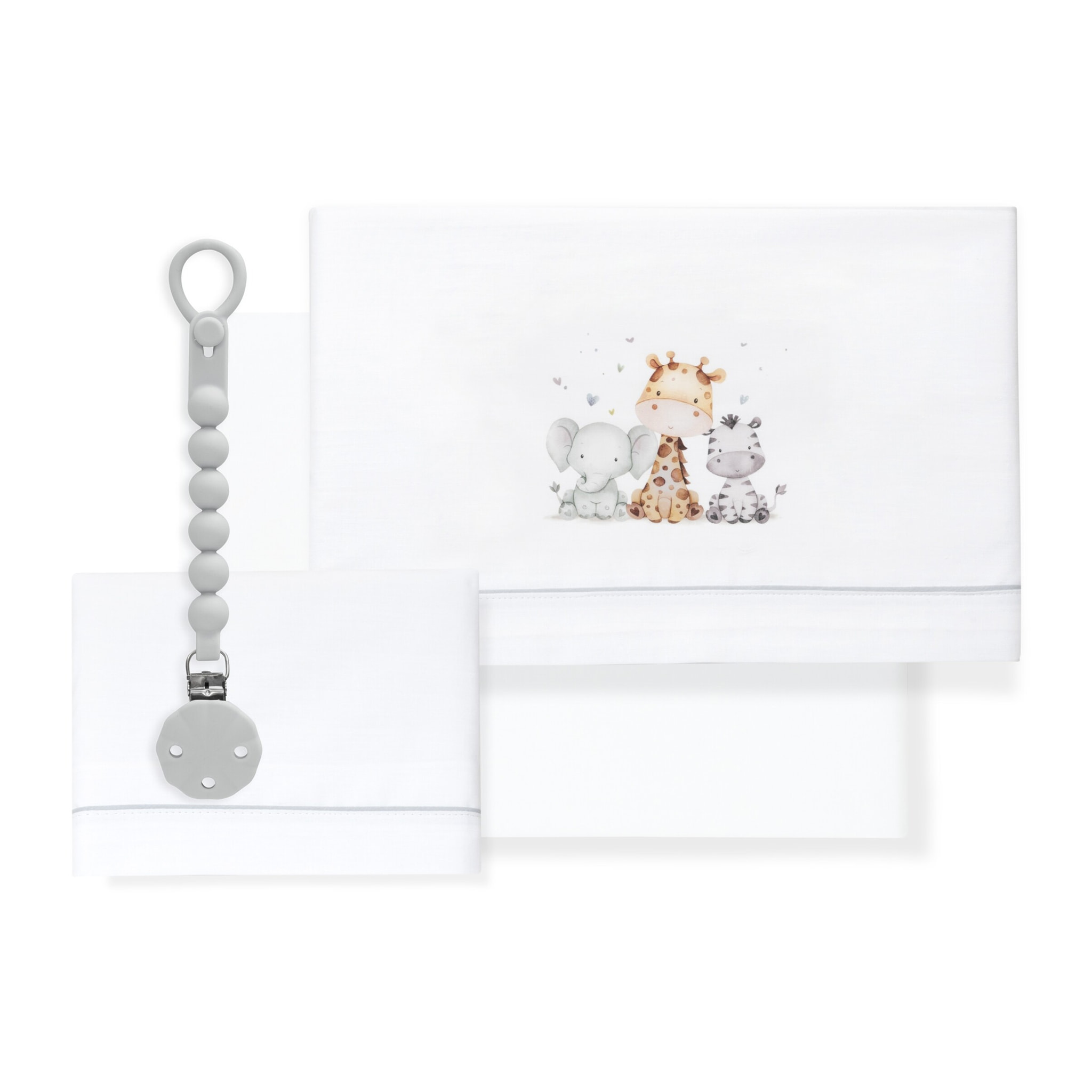 Juego de Sábanas para Cuna mod. Estampado Jirafa Elefante con Broche Muselina
