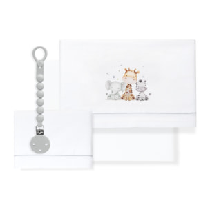 Juego de Sábanas para Cuna mod. Estampado Jirafa Elefante con Broche Muselina