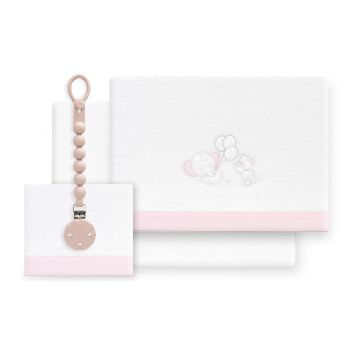 Triptico Cuna Coralina Oso Elefante Globos +Broche Bco/Rosa