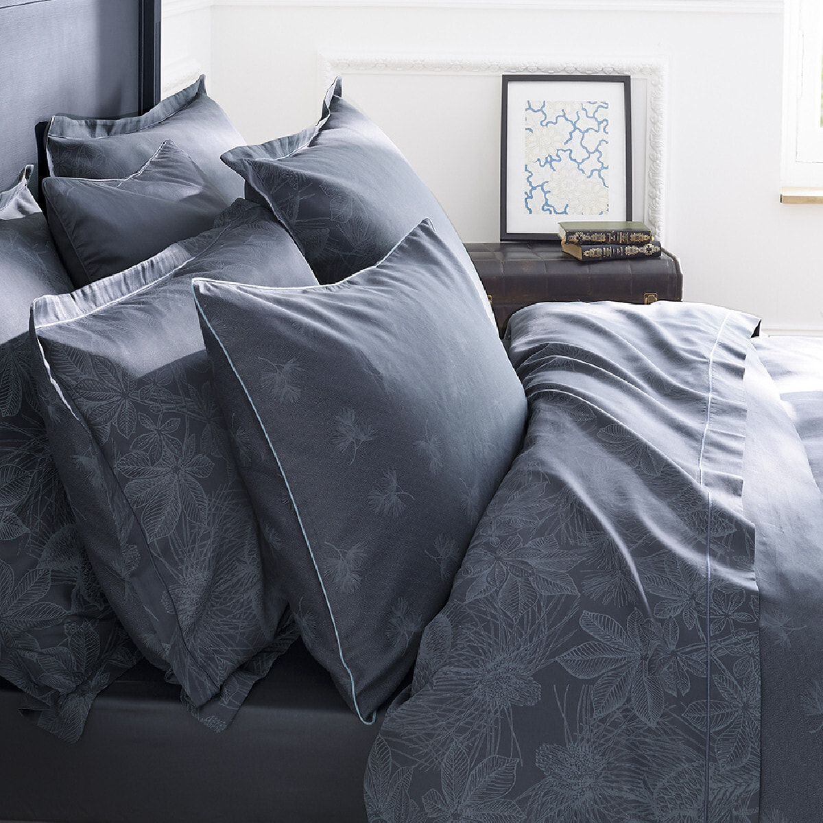 Taie d'oreiller satin de coton imprimé bleu Marronniers bleu