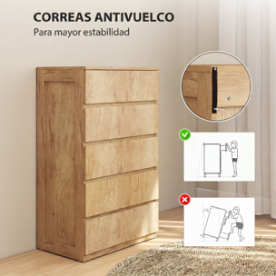 Cómoda 5 Cajones, Cómoda Dormitorio Moderna, Sinfonier, Diseño sin Tiradores, Cajonera para Sala de Estar, Comedor, Entrada, 60x39x100 cm, Madera Natural
