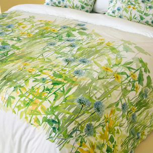 Lot h.couette +taies percale de coton imprimé jaune vert Aube florale prairie