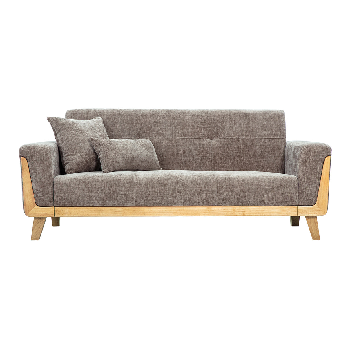 Canapé scandinave 3 places en tissu effet velours texturé taupe et bois clair FJORD