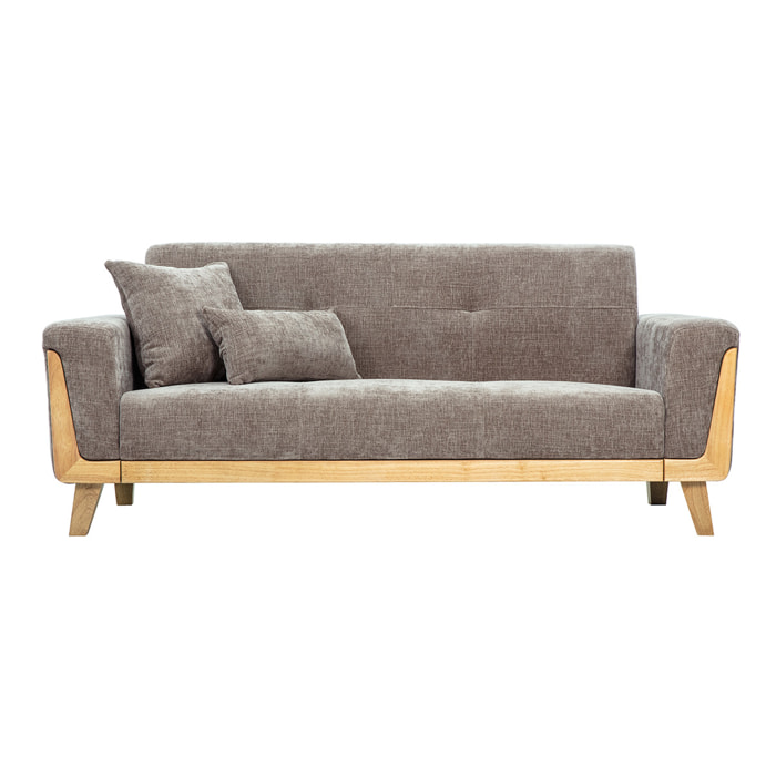 Canapé scandinave 3 places en tissu effet velours texturé taupe et bois clair FJORD