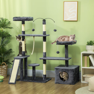 Árbol Rascador para Gatos 134 cm Torre para Gatos Rascador para Gatos con Nidos Cueva Plataformas Bolas de Juguete y Postes de Sisal Gris Oscuro