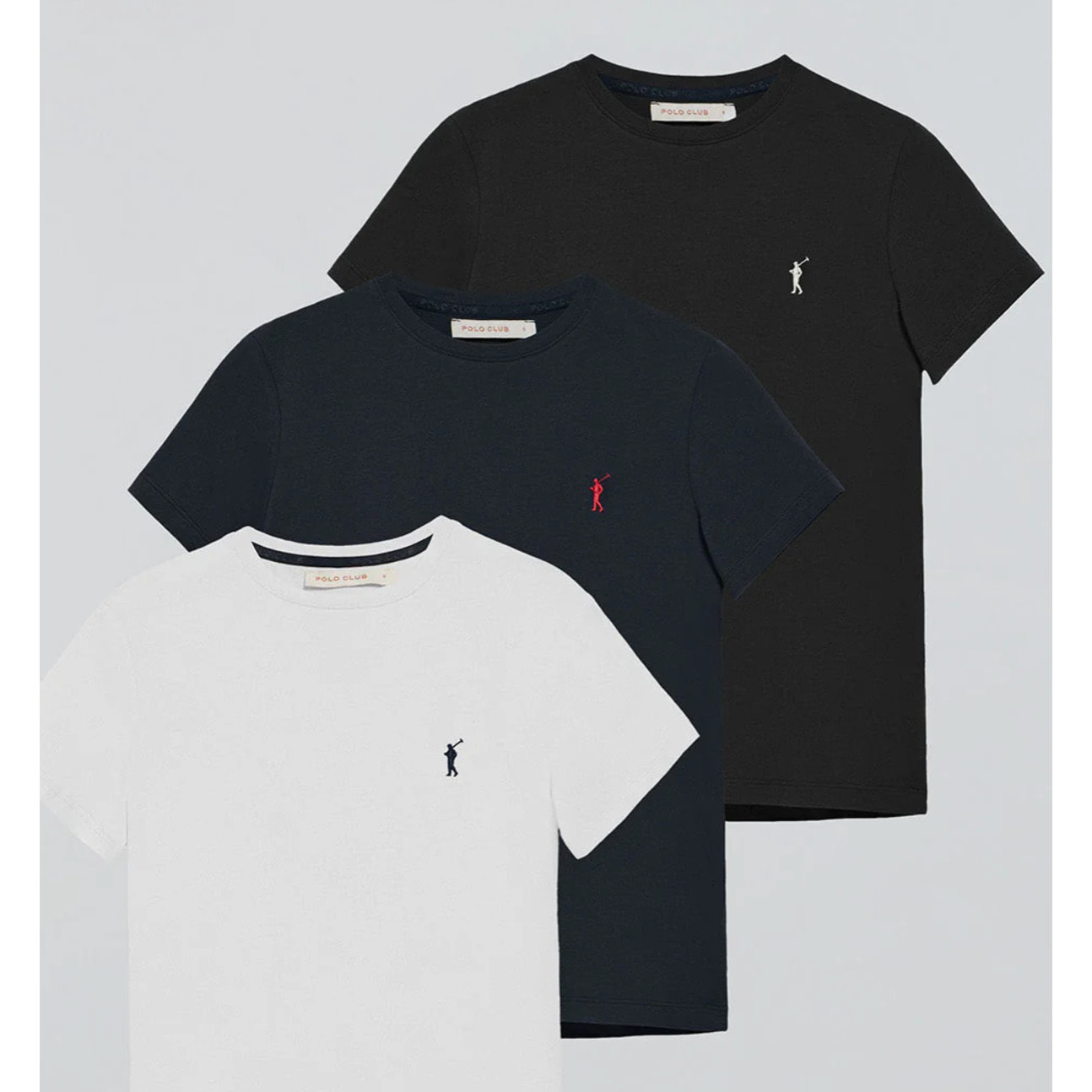 Pack di tre magliette nera, blu marino e bianca a maniche corte con logo ricamato Rigby Go