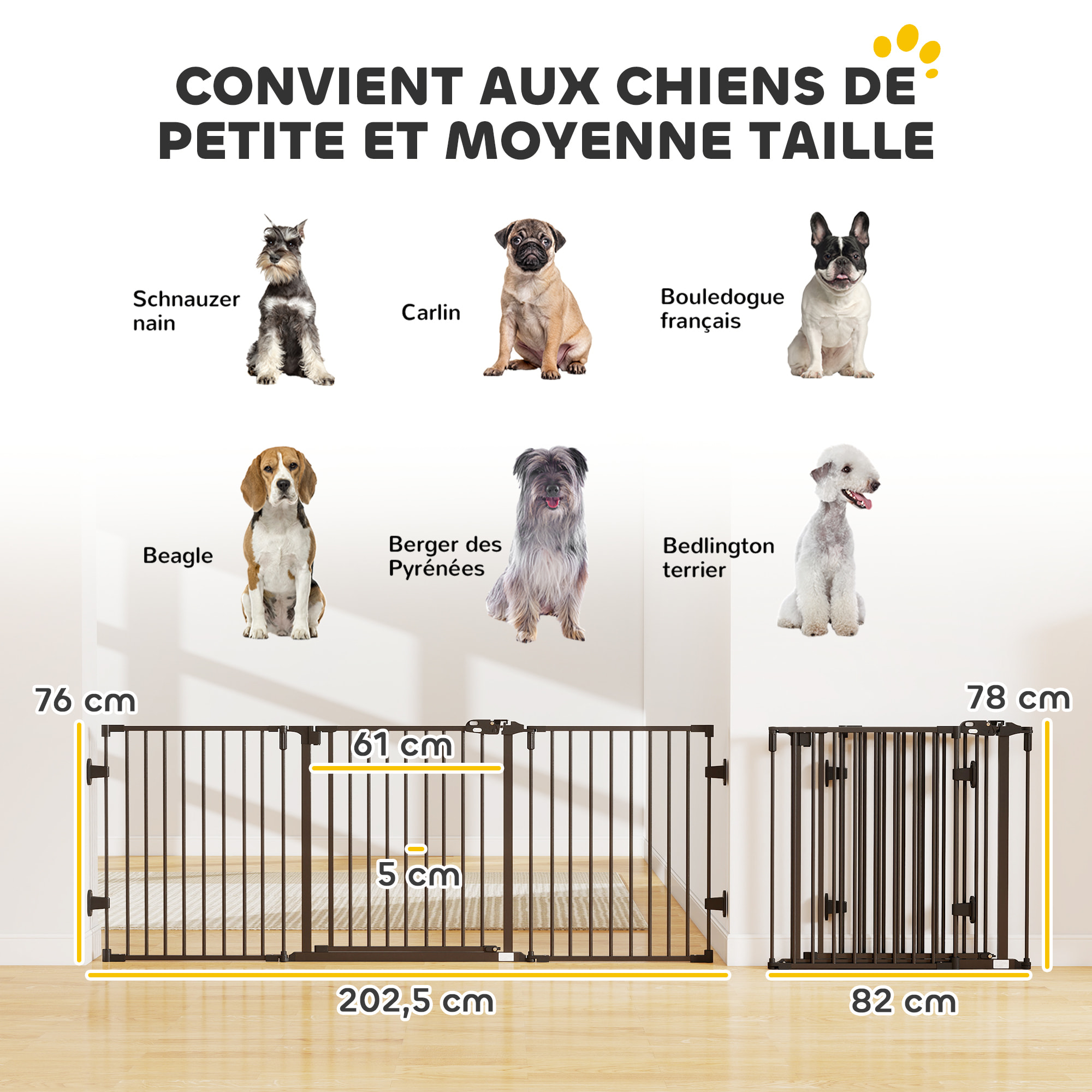 Barrière de sécurité chien pliable modulable 3 panneaux une porte dim. max. L.202,5 x H.76 cm - acier noir