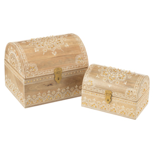 J-Line Set 2 Boites Rectangles Perles Bois De Manguier Naturel/Blanc