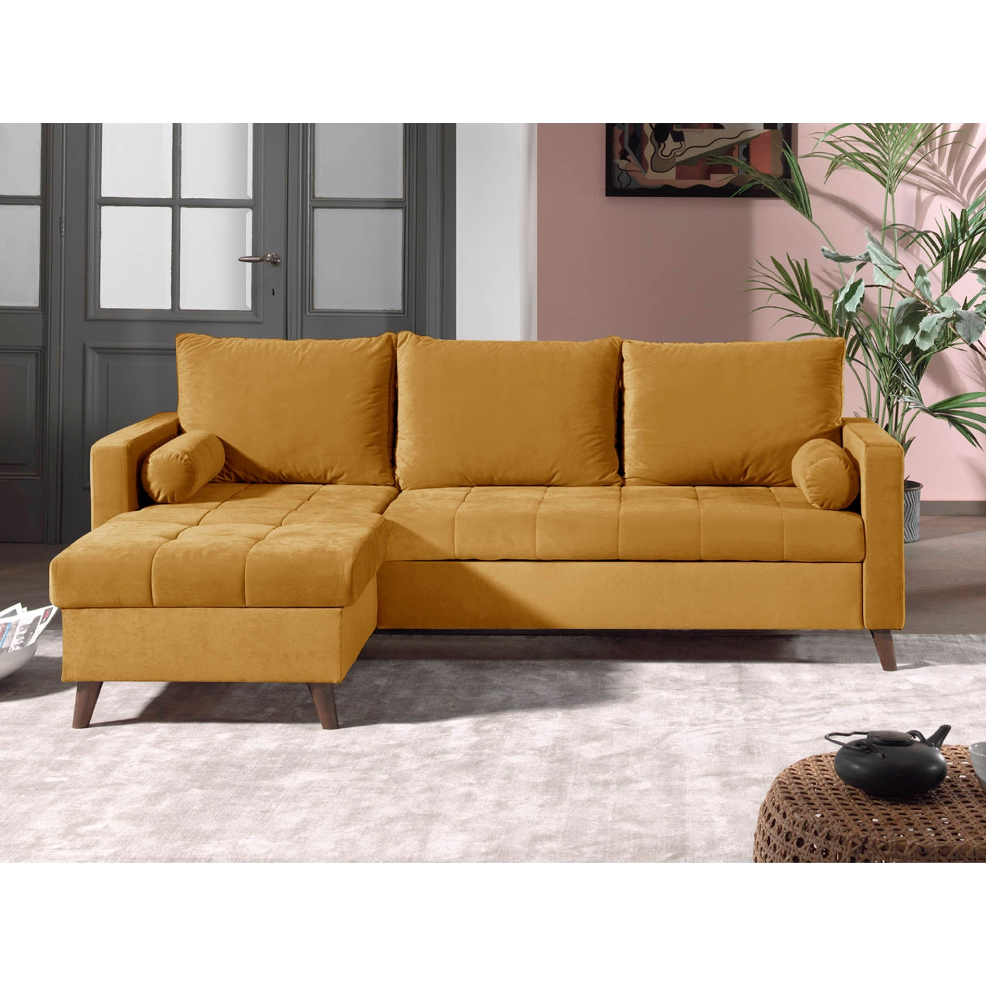 POLAR - Canapé d'angle réversible convertible - en velours au design scandinave - 4 places - Jaune