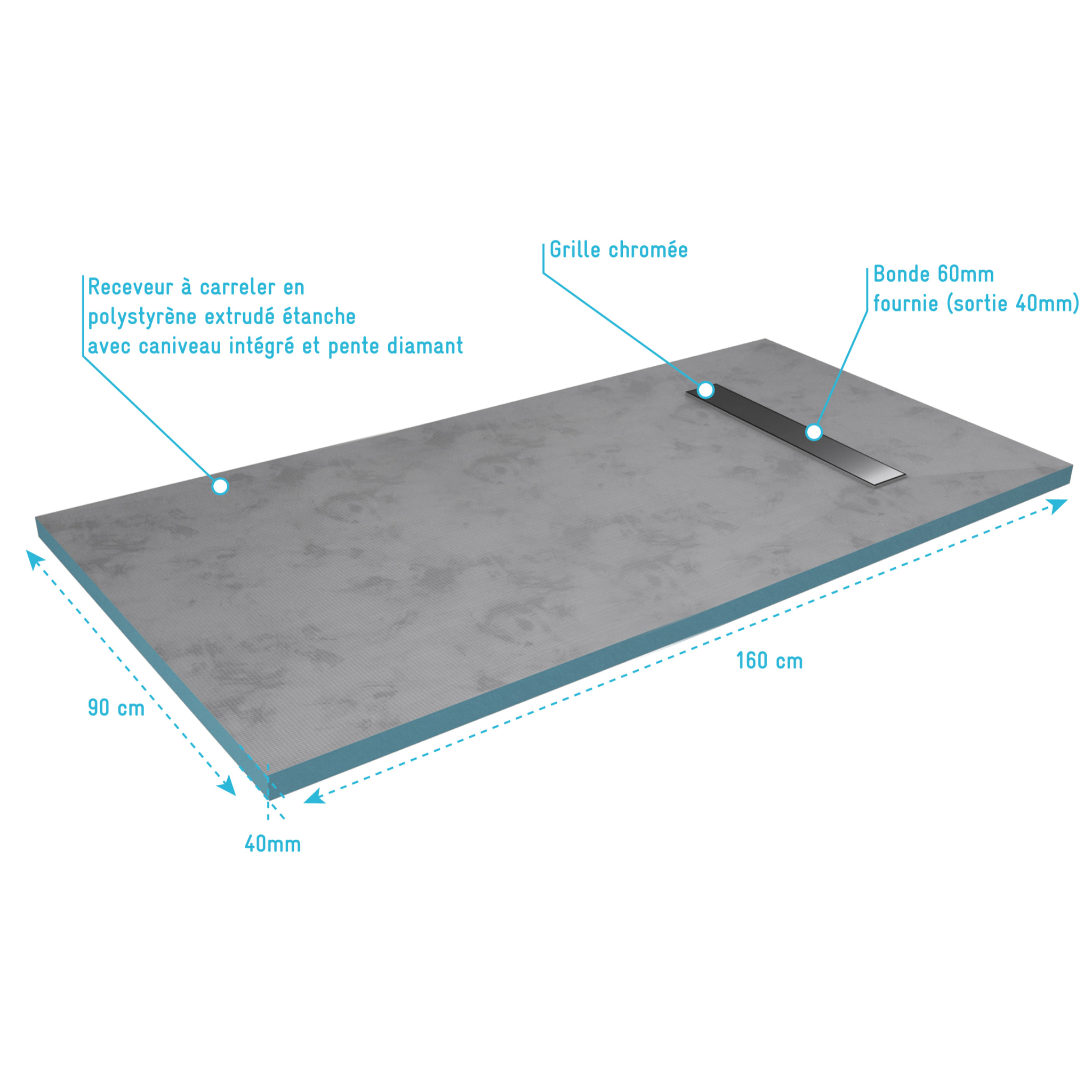 RECEVEUR DE DOUCHE A CARRELER 90x160CM RECOUPABLE SUR MESURE AVEC BONDE CANIVEAU RAINY LINEAR 160