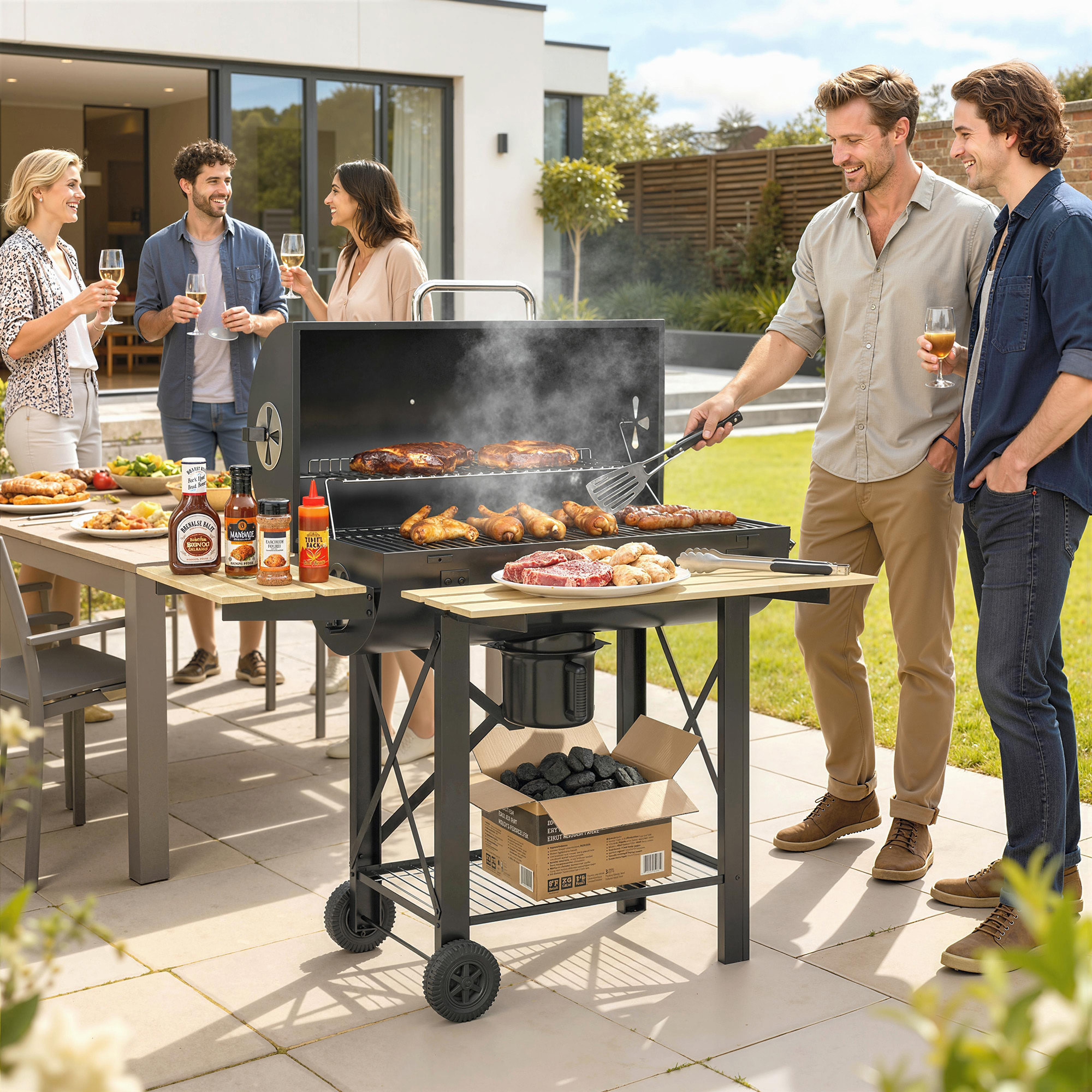 Barbecue smocker mobile acier bois 2 tablettes rabattables étagère noir