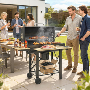 Barbecue smocker mobile acier bois 2 tablettes rabattables étagère noir