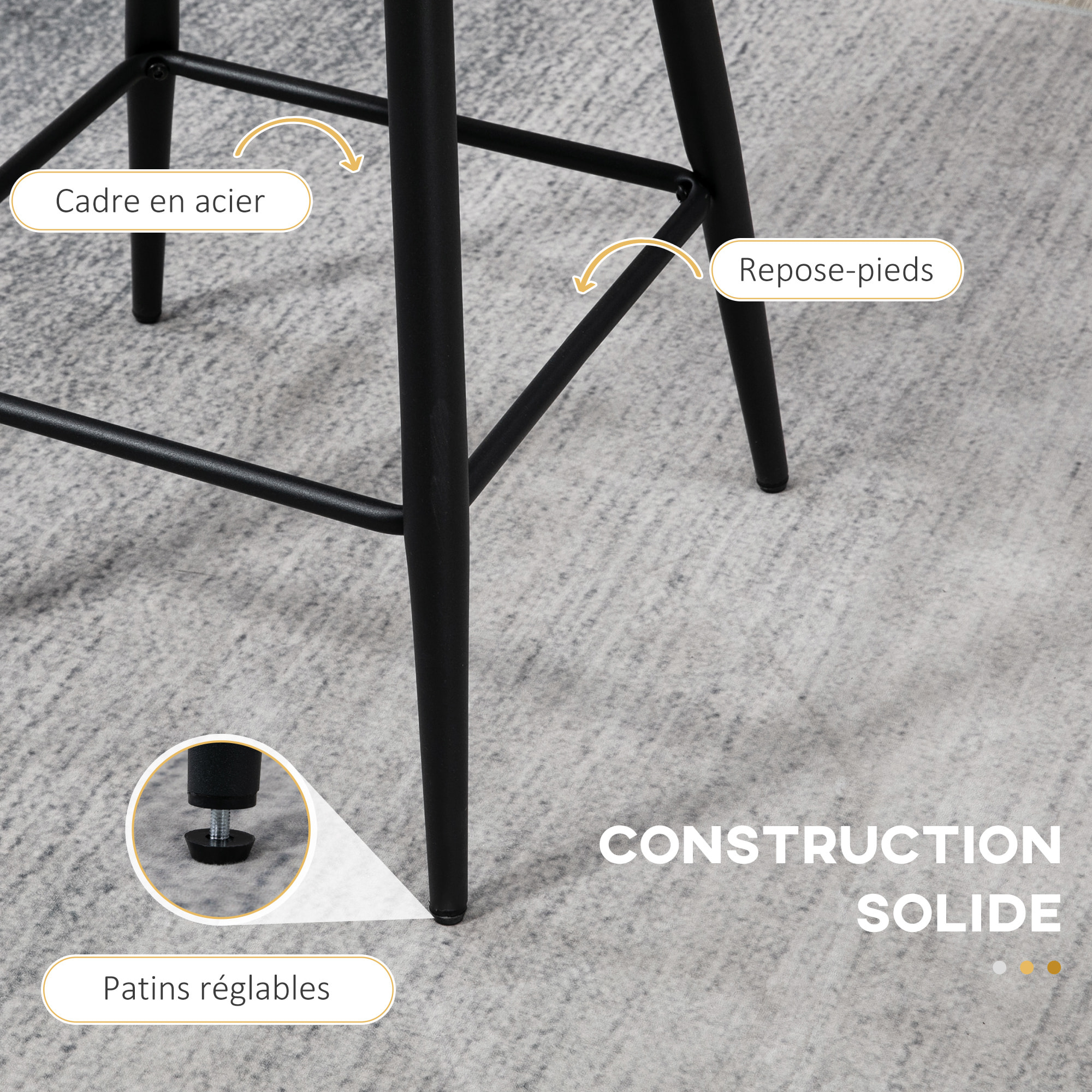 Lot de 2 tabourets de bar – Tissu bouclé – Dossier et repose-pieds