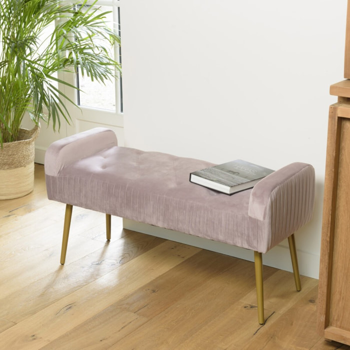 AGATHE - Banc de lit velours rose poudré pieds métal doré