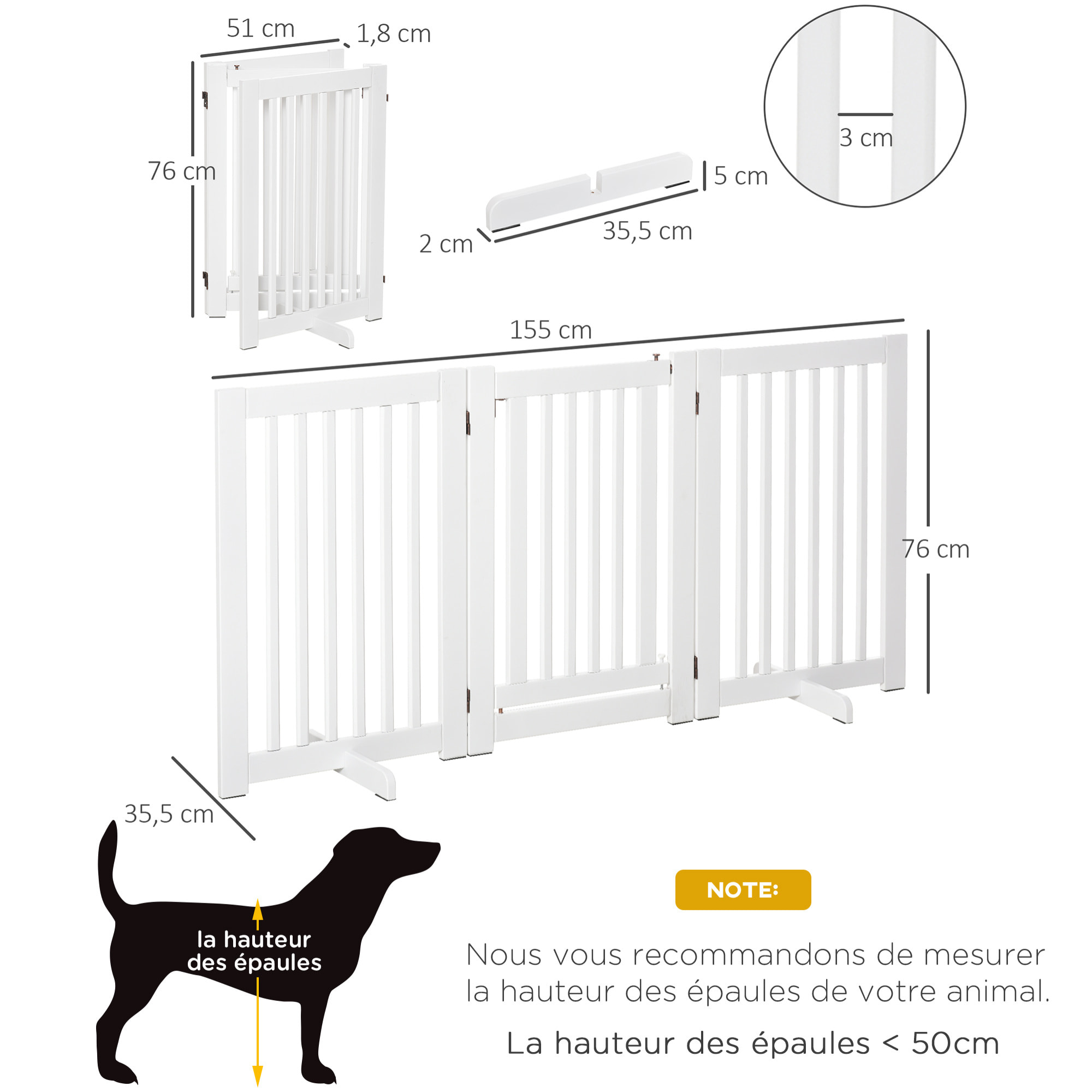 Barrière modulable pliable barrière de sécurité avec porte verrouillable intégrée dim. 155L x 35l x 76H cm MDF blanc