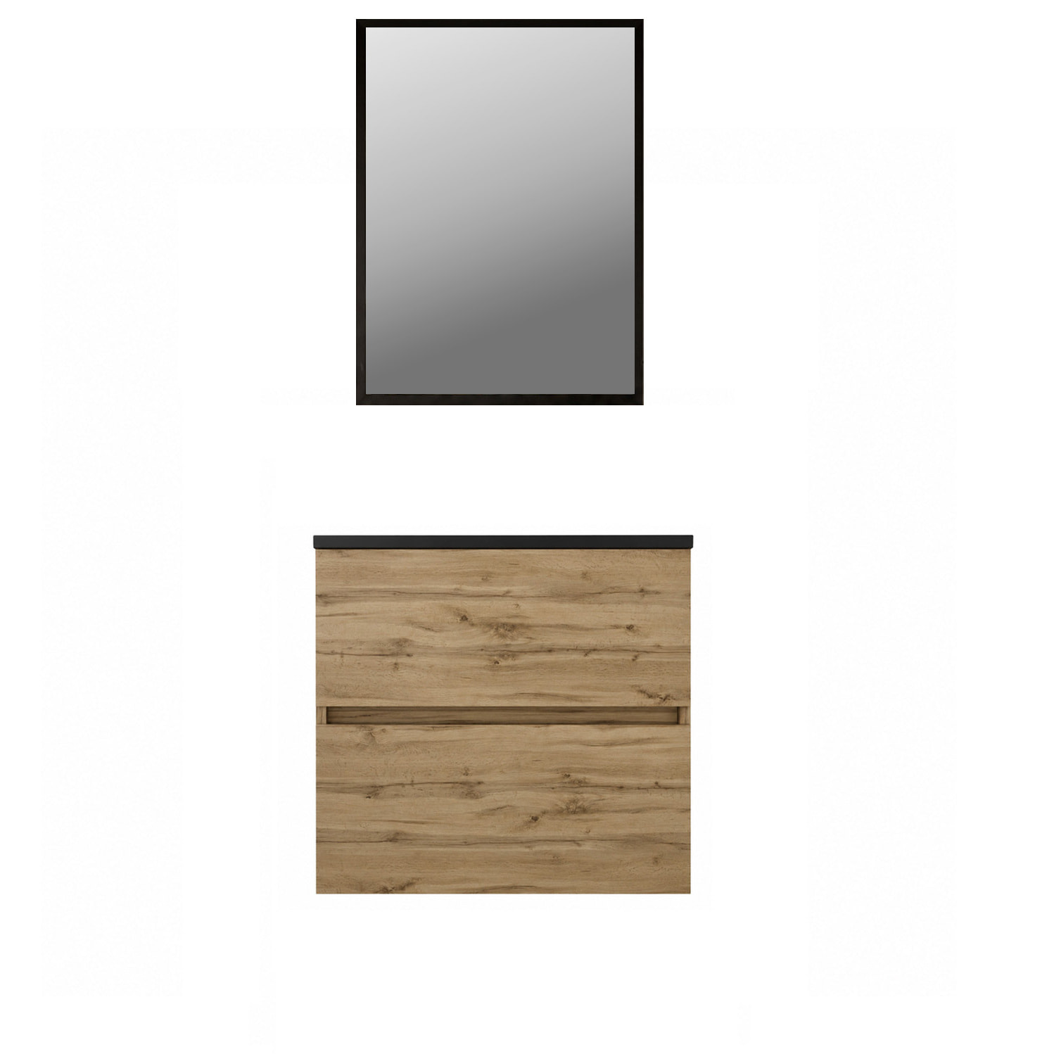 Pack Meuble Salle de Bains 50cm Chêne Naturel 2 Tiroirs, Vasque Noire et Miroir 50x70 à Cadre Noir