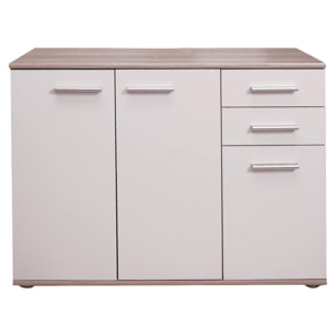 Credenza alta moderna di design a 3 ante e 3 cassetti, Buffet da cucina, Madia con scaffali e ripiani, cm 103x35h70, colore Bianco e Rovere