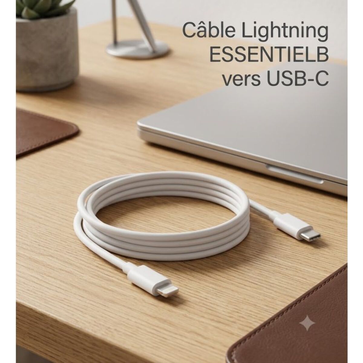 Câble Lightning ESSENTIELB vers USB-C 1M certifié Apple Blanc compatible iPhone 14 13 12 Pro Max, iPad