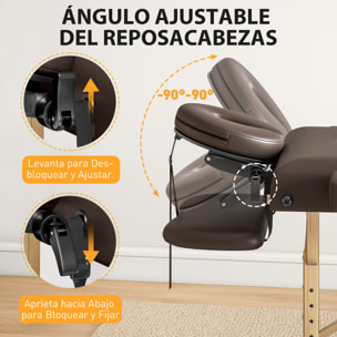 Camilla Masaje Plegable Portátil Camilla Estética Profesional de Madera de 3 Zonas con Altura, Respaldo, Soporte para Piernas, Reposacabezas Ajustables Brazos Acolchados 215x60x64-89 cm Marrón