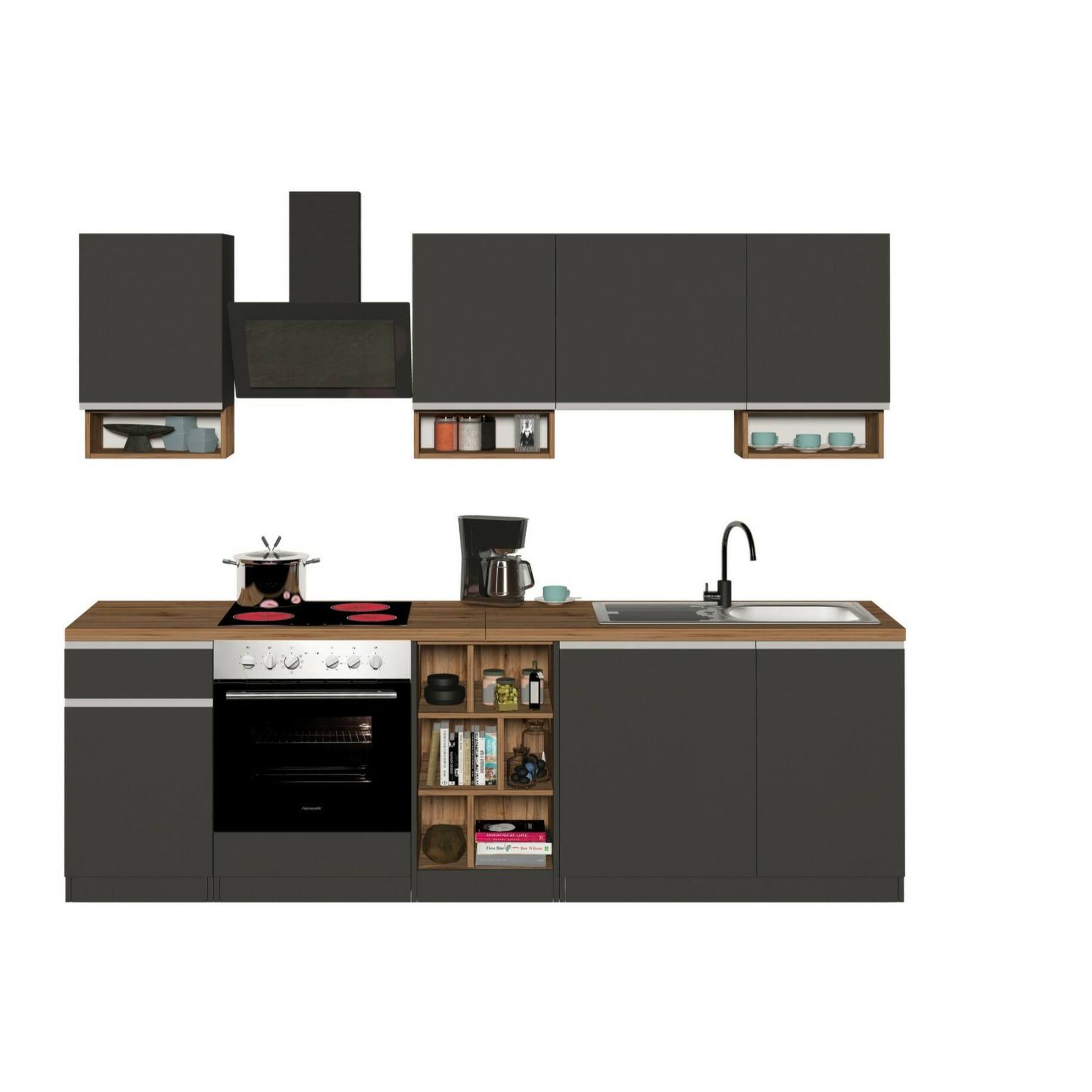 Cucina completa Dcelient, Cucina pratica e salvaspazio, Parete da cucina con 7 ante e 1 cassetto, 100% Made in Italy, 255x60h85 cm, Antracite e Rovere